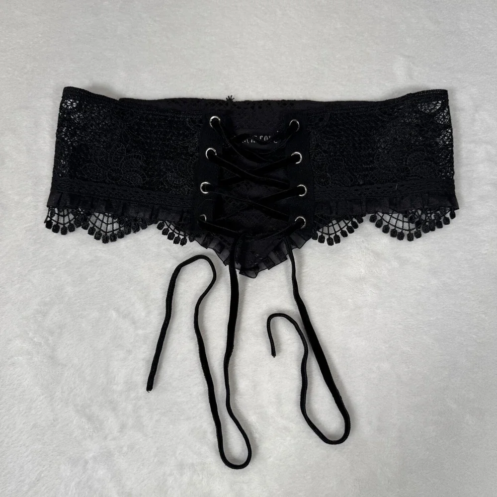 Dark In Love Corset Belt Womens M Black Lace Velvet Lace Up Victorian Goth CW033